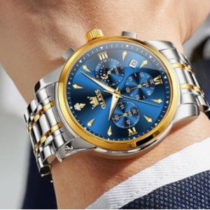 OLEVS Watches for Men Original Chronograph Luxury Business Analog Quartz Watch Waterproof Moon Phase Stainsteel Steel Diamond Mens Watch
